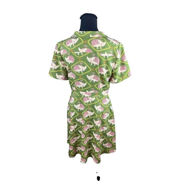 ModCloth 6 green hedgehog critter novelty button up dress fit flare vintage look - Picture 6 of 9